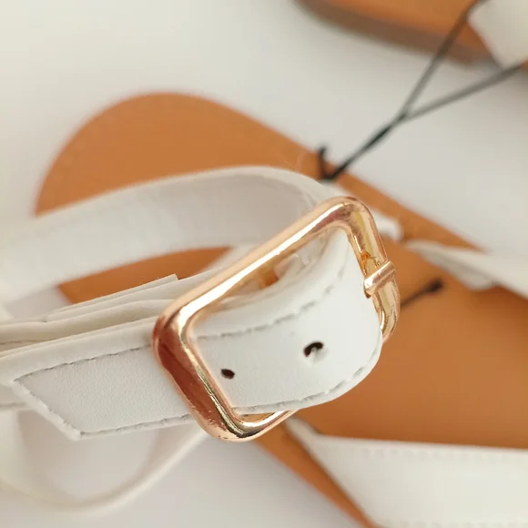 Forever 21 White Tan Tong Sandals With Ankle Straps Minimalist Design Size US 8 - Picture 8 of 12